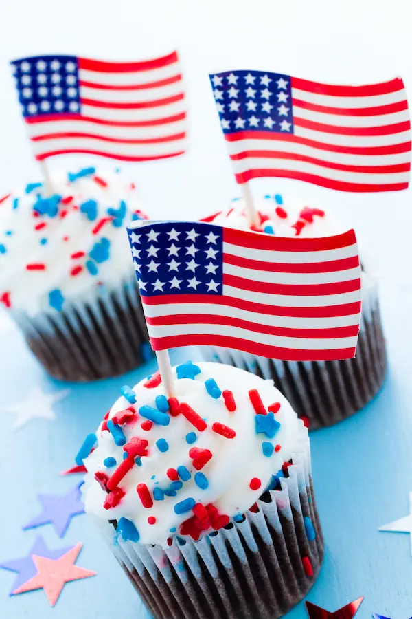 Festive Cupcakes Decorated with American Flags and Sprinkles